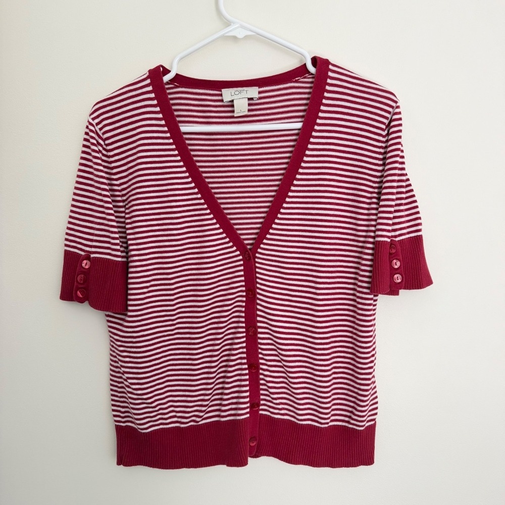 LOFT Red and White Striped Short Sleeve Cardigan Top, Size L
